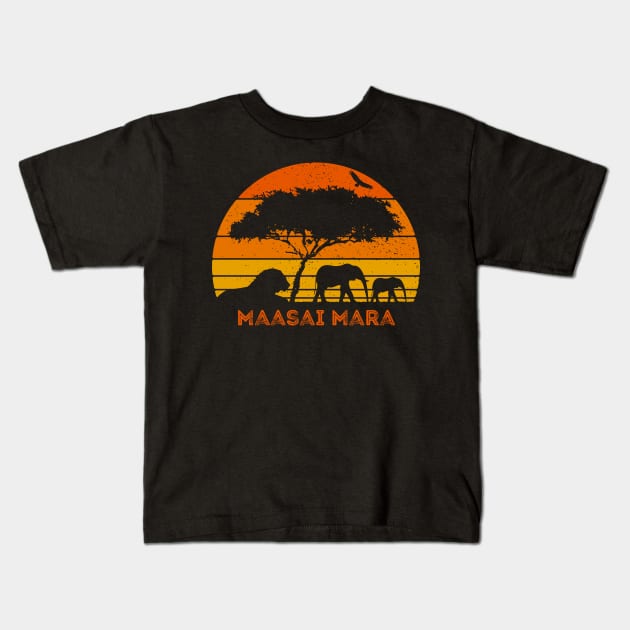 Maasai Mara Safari Elephant Lion Sunset Kenya Safari Kids T-Shirt by BraaiNinja